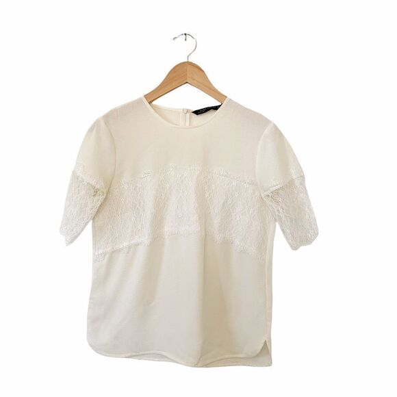 Zara Women Cream Crepe‎ Lace Round Nexk Short Lace Sleeves Blouse - Picture 1 of 6